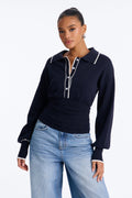 Priscilla Cinched Waist Contrast Pullover Sweater - Navy/combo