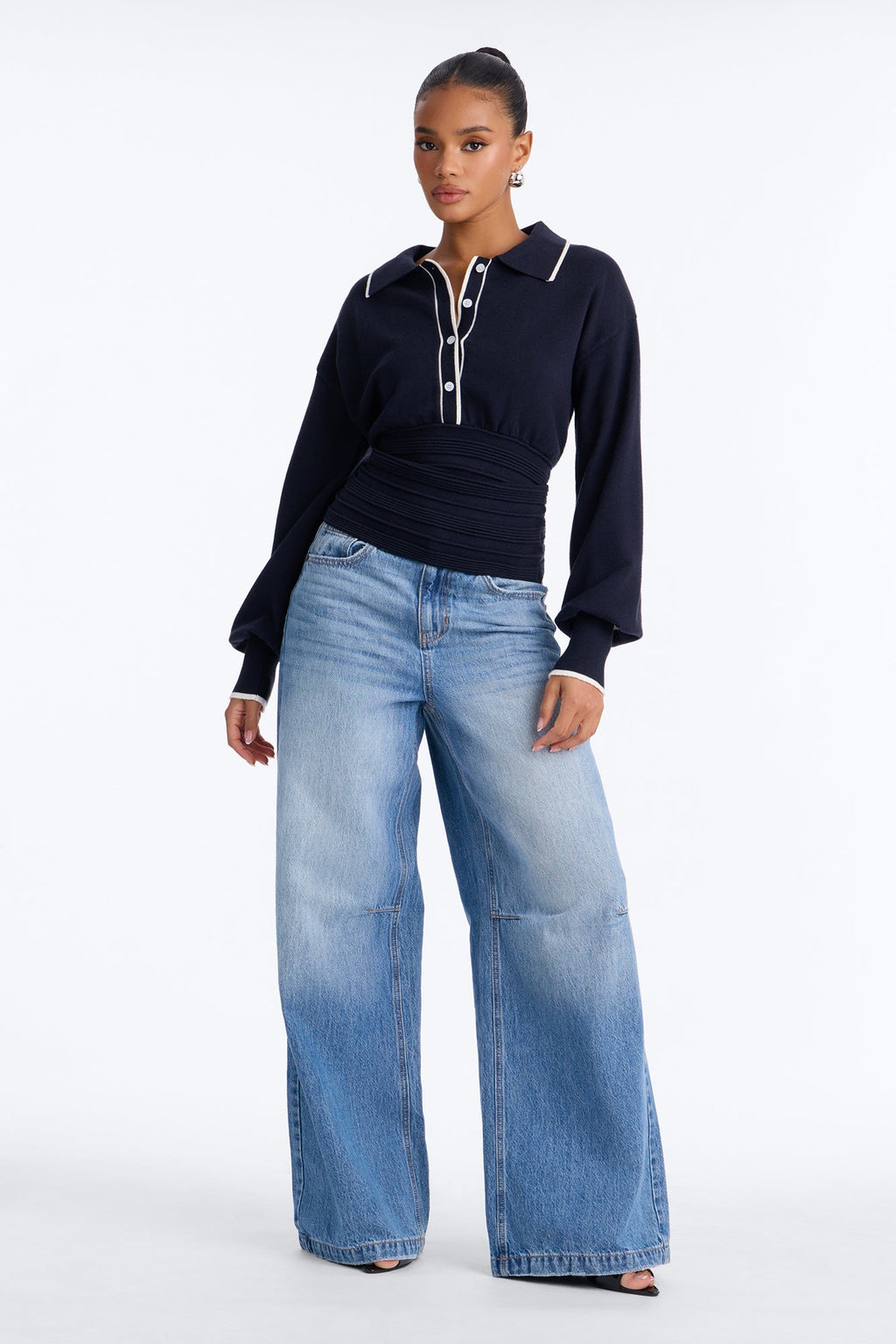 Priscilla Cinched Waist Contrast Pullover Sweater - Navy/combo