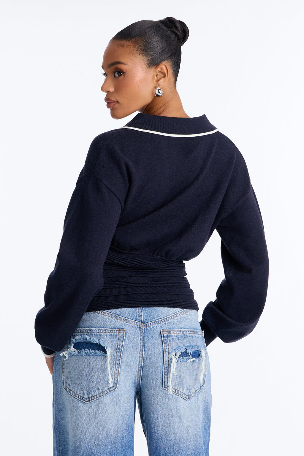 Priscilla Cinched Waist Contrast Pullover Sweater - Navy/combo