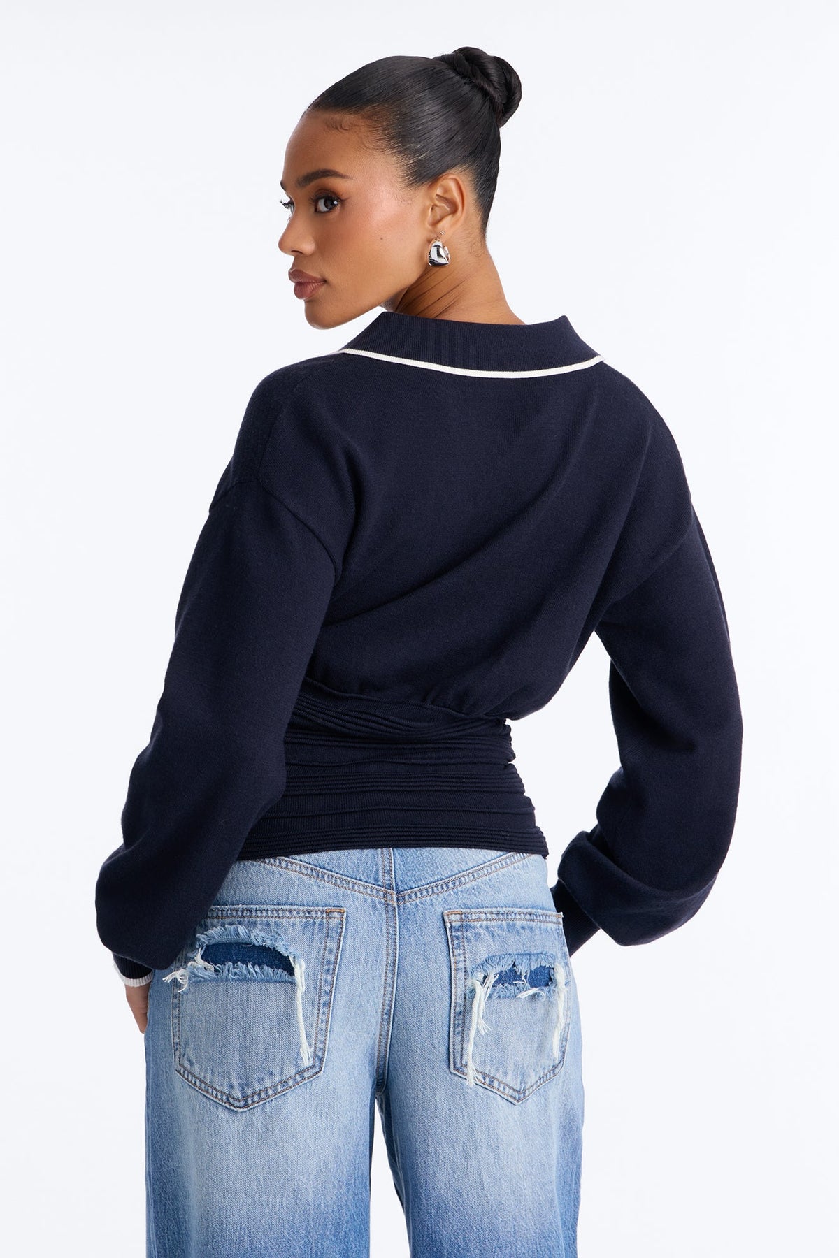 Priscilla Cinched Waist Contrast Pullover Sweater - Navy/combo