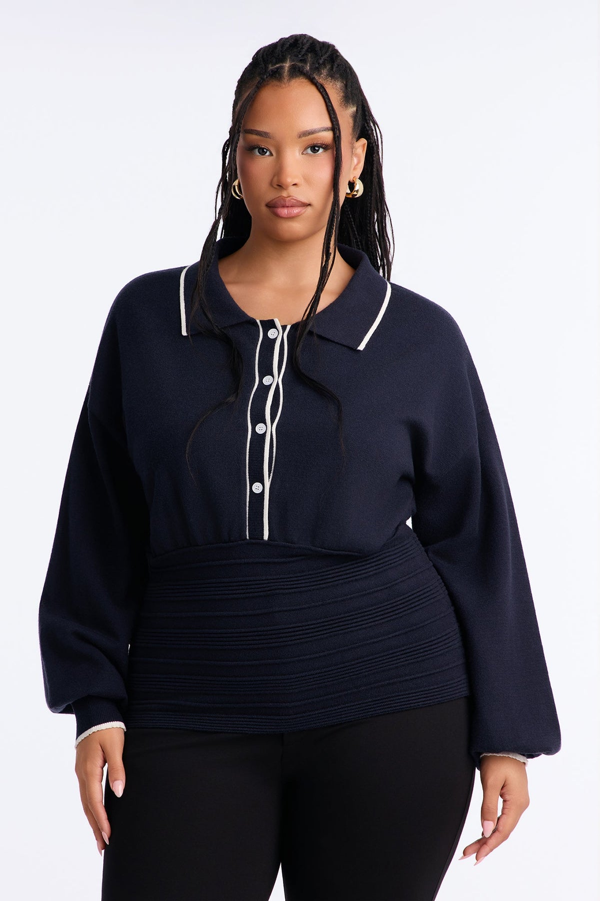 Priscilla Cinched Waist Contrast Pullover Sweater - Navy/combo