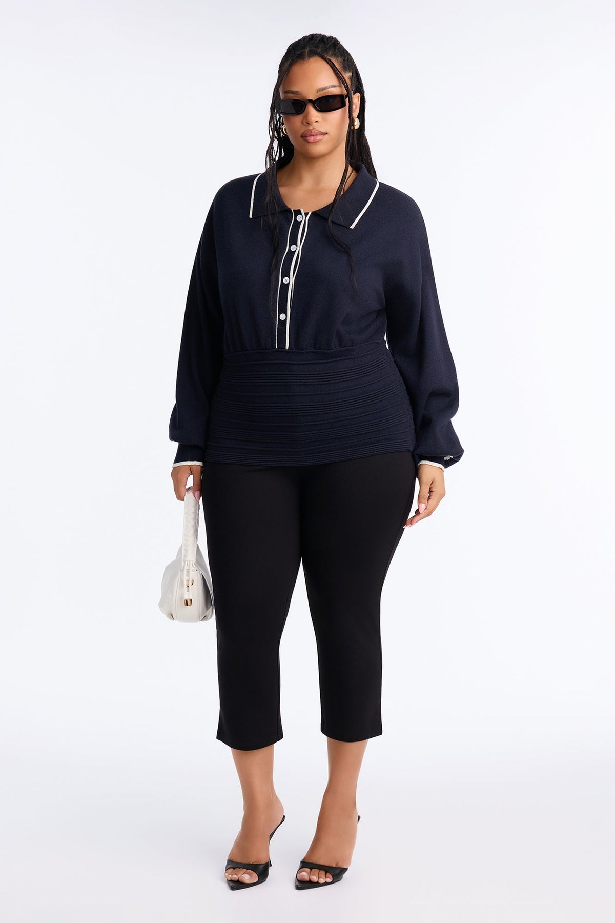 Priscilla Cinched Waist Contrast Pullover Sweater - Navy/combo