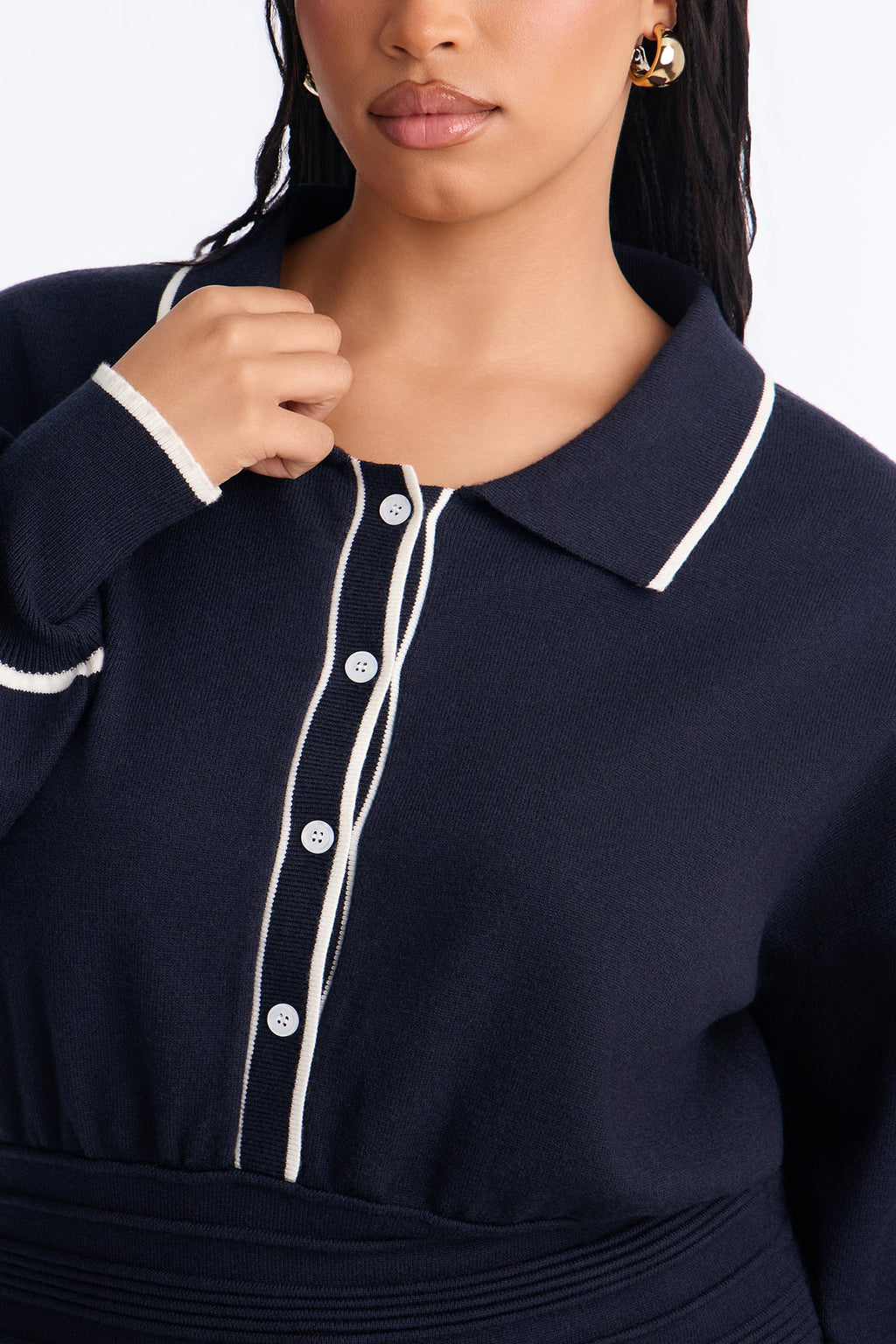 Priscilla Cinched Waist Contrast Pullover Sweater - Navy/combo