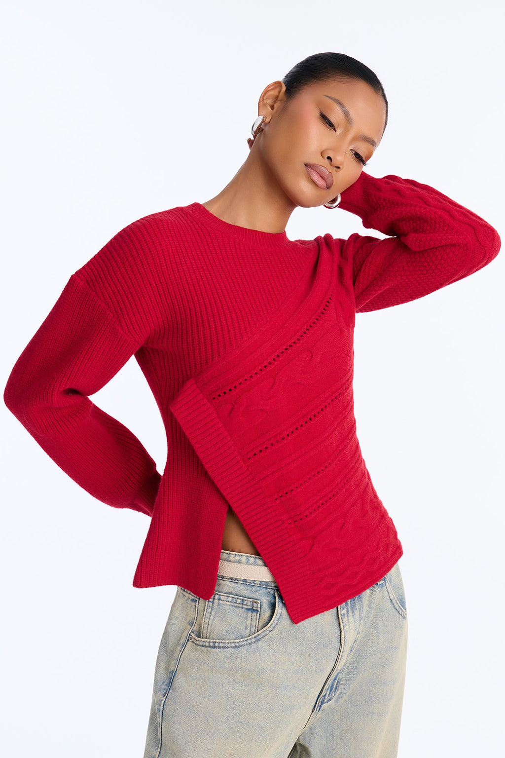 Say Less Asymmetrical Cable Knit Pullover Sweater - Red