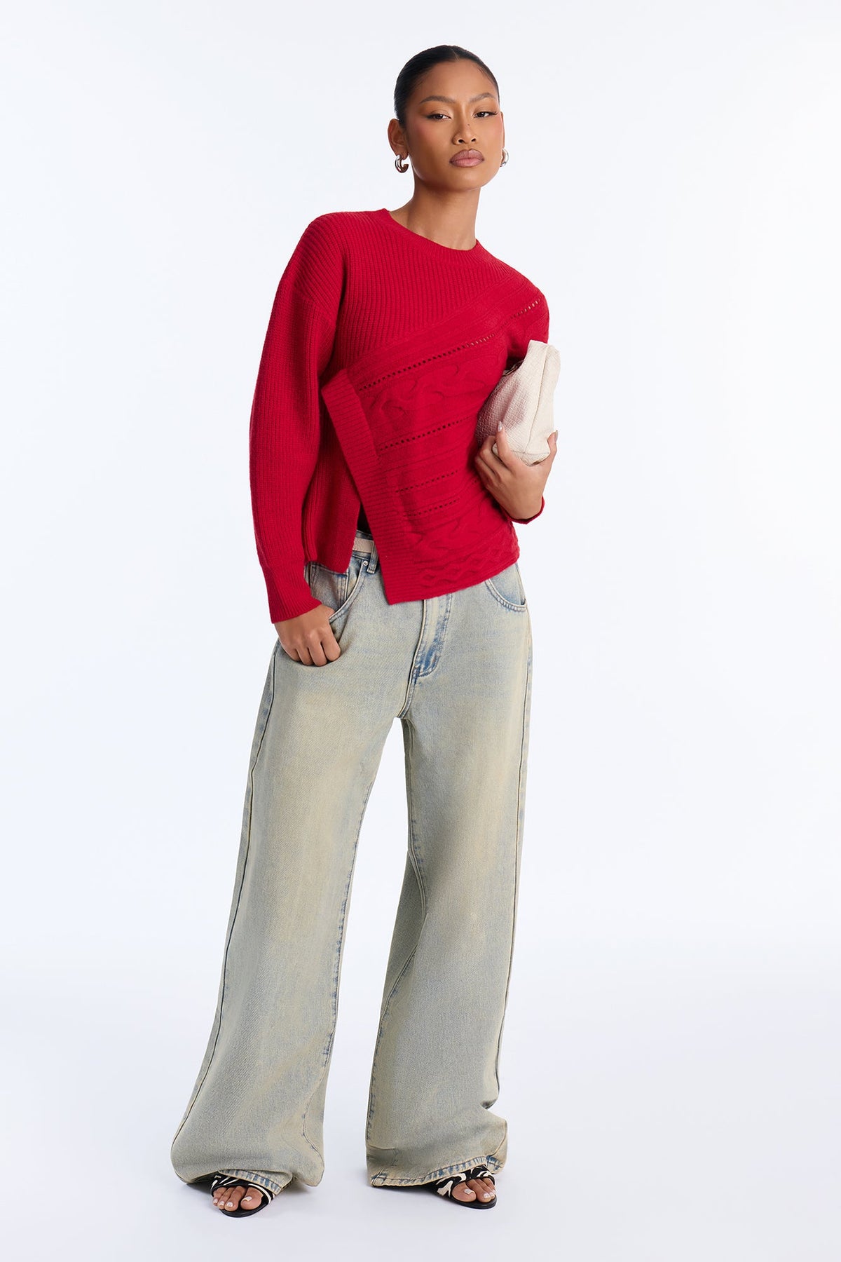 Say Less Asymmetrical Cable Knit Pullover Sweater - Red