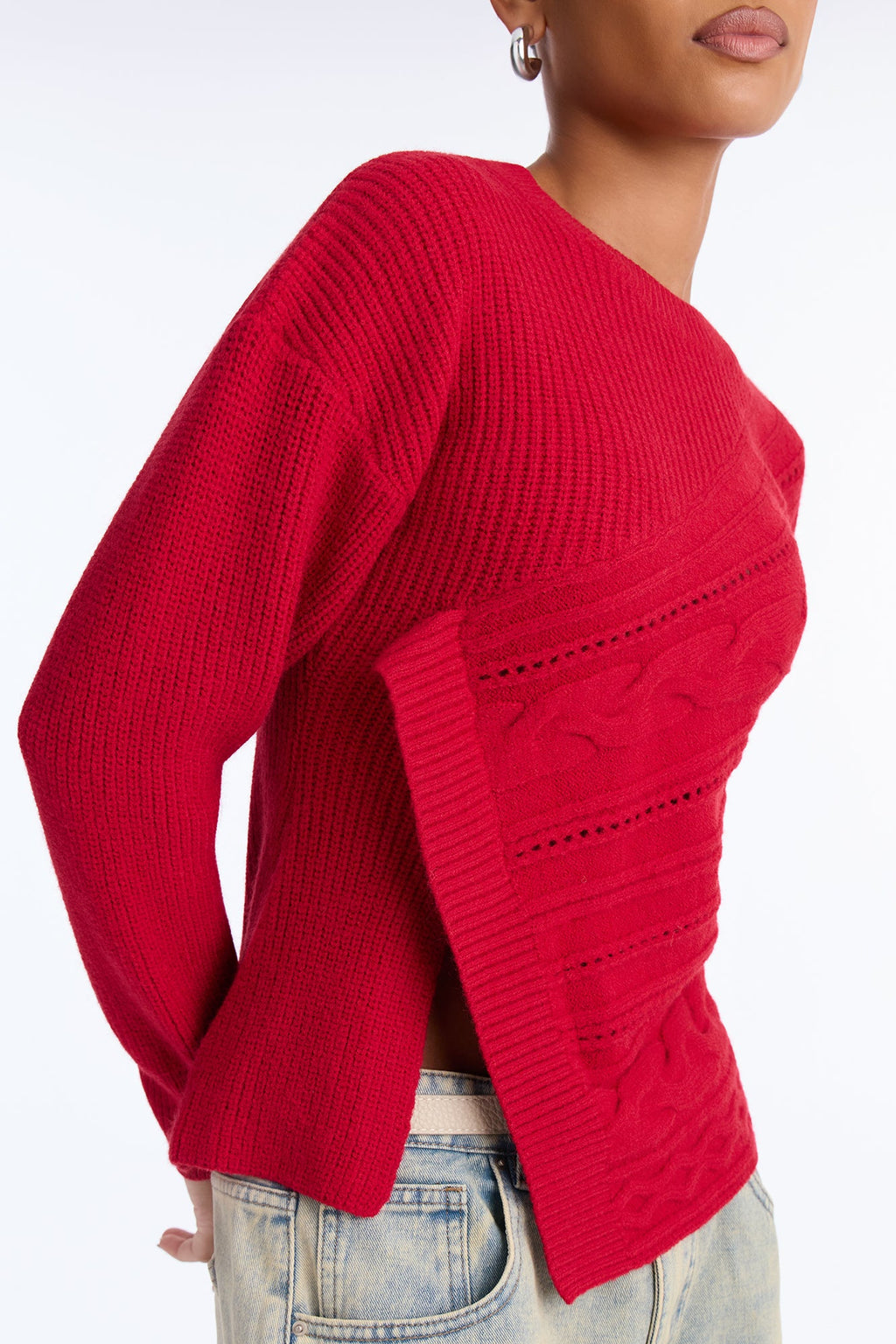 Say Less Asymmetrical Cable Knit Pullover Sweater - Red
