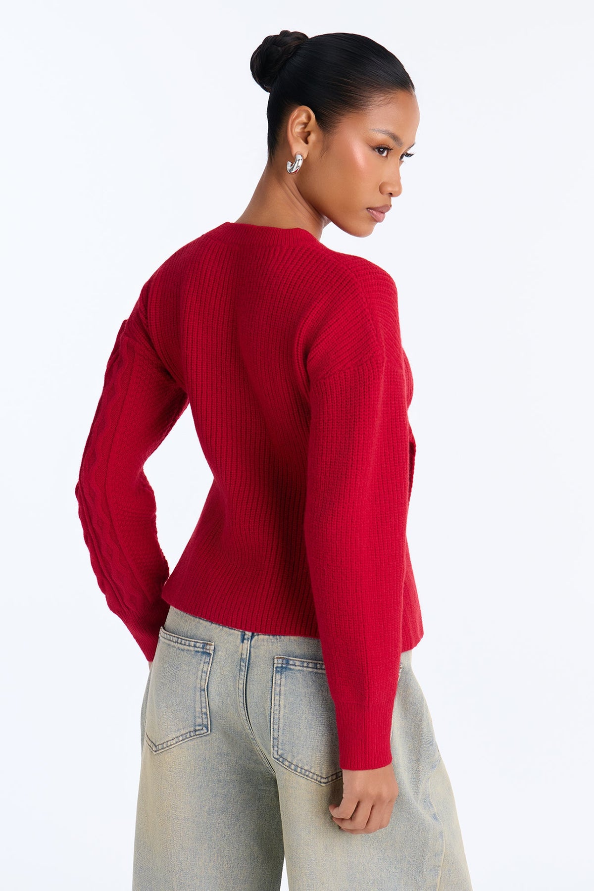 Say Less Asymmetrical Cable Knit Pullover Sweater - Red
