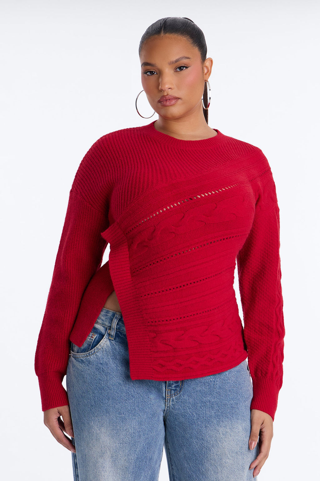 Say Less Asymmetrical Cable Knit Pullover Sweater - Red