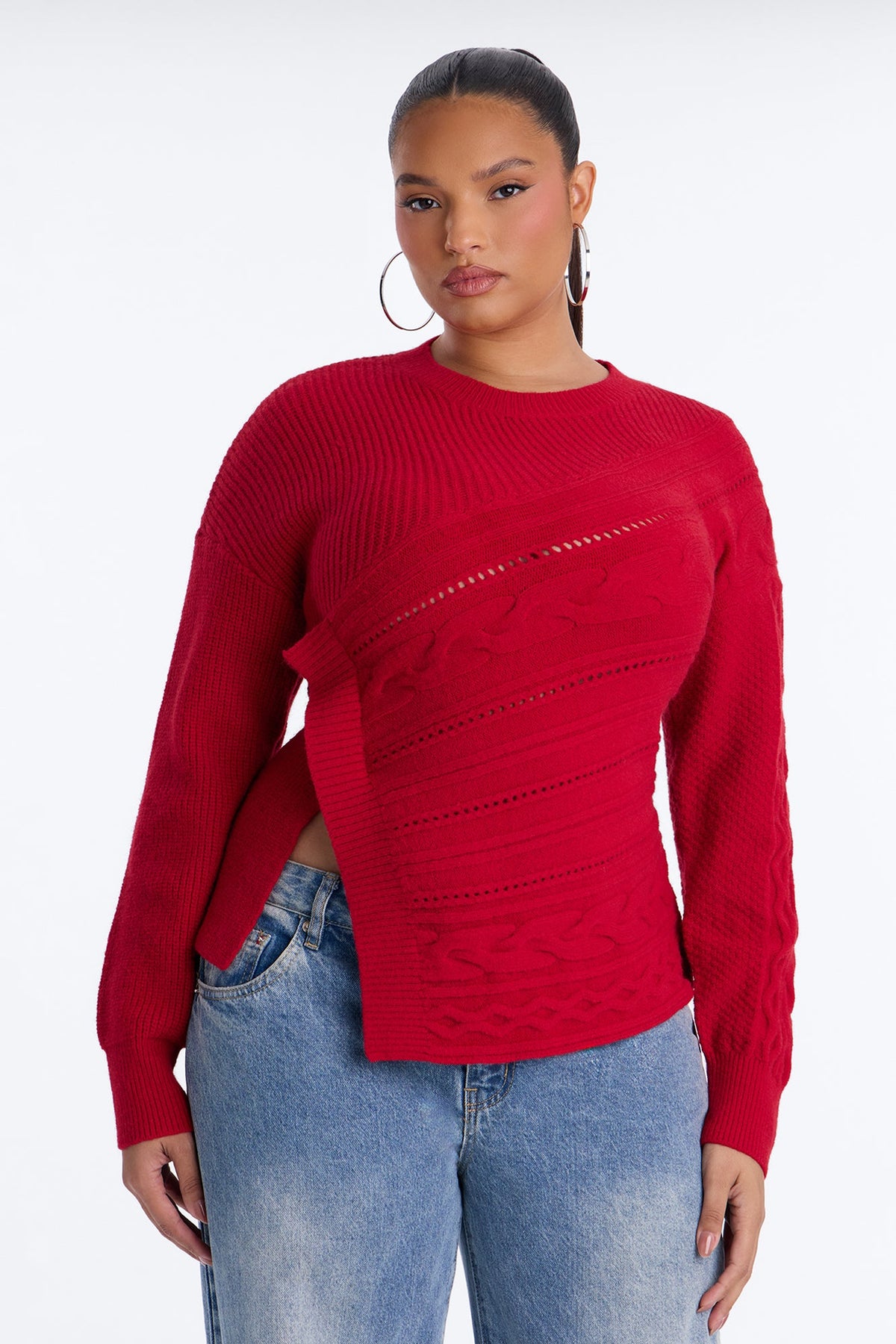 Say Less Asymmetrical Cable Knit Pullover Sweater - Red