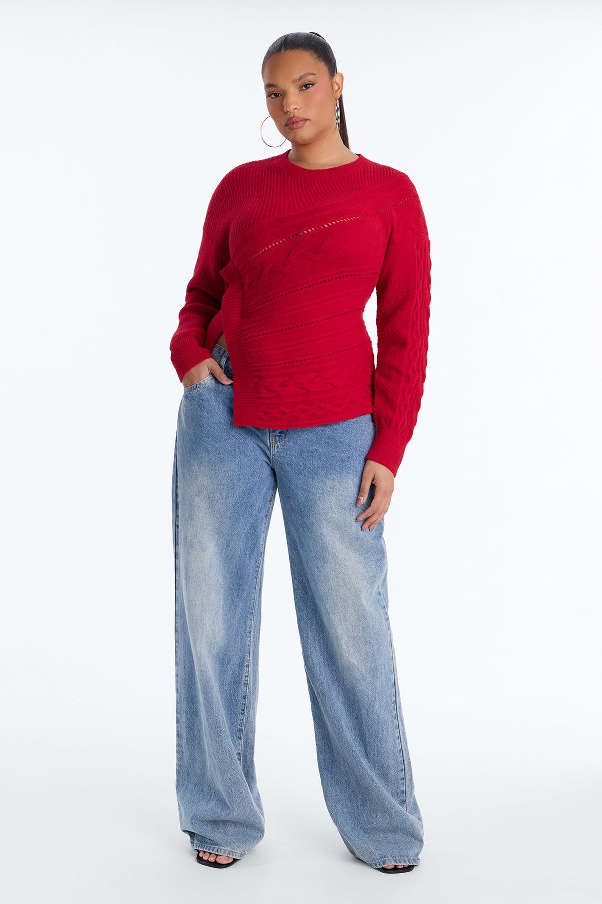 Say Less Asymmetrical Cable Knit Pullover Sweater - Red