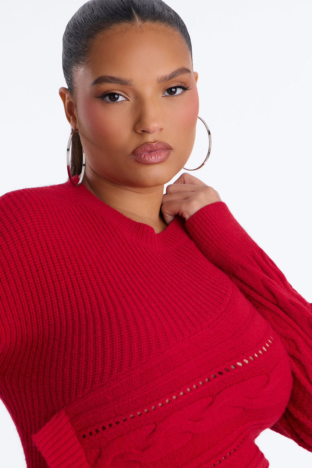 Say Less Asymmetrical Cable Knit Pullover Sweater - Red