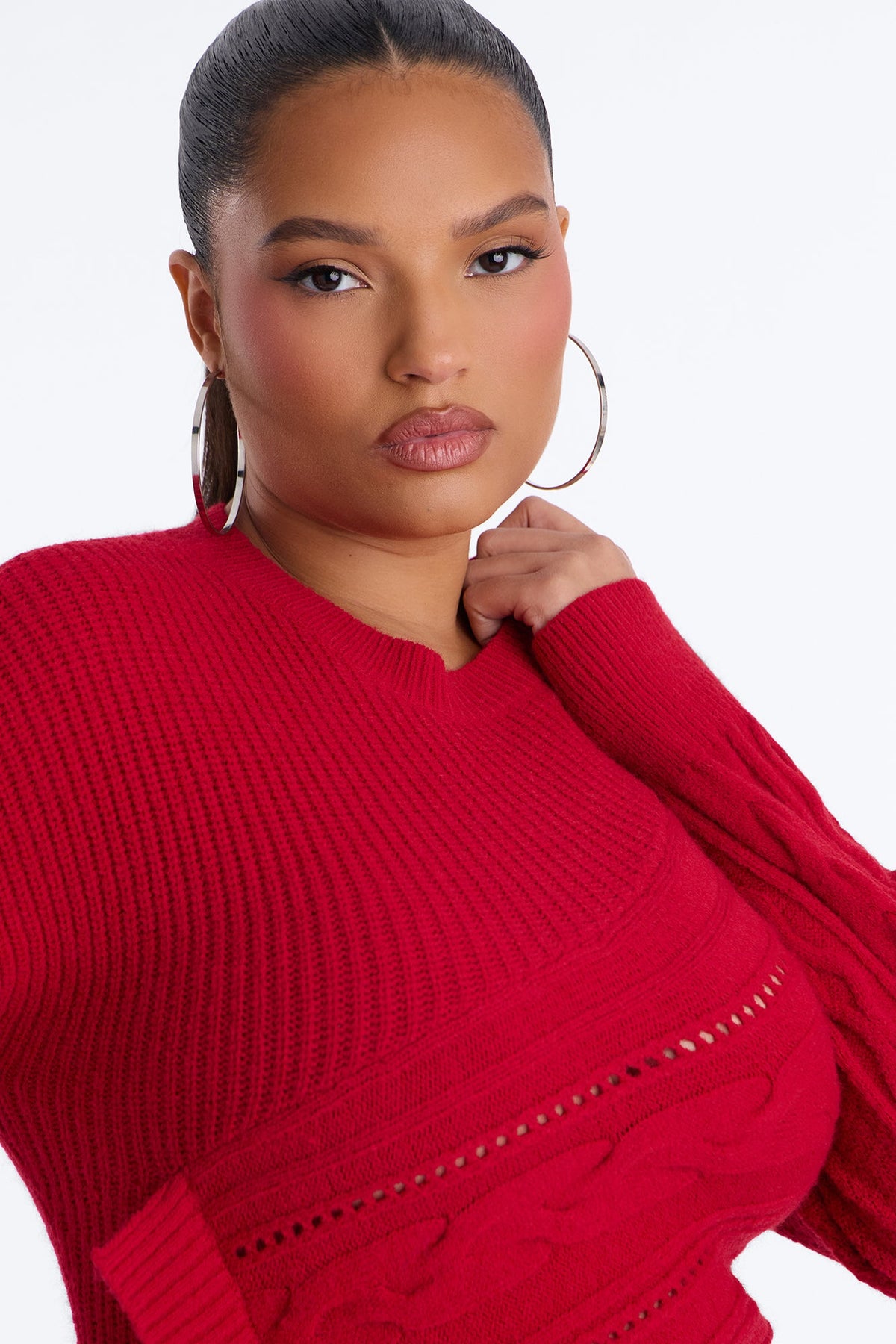Say Less Asymmetrical Cable Knit Pullover Sweater - Red