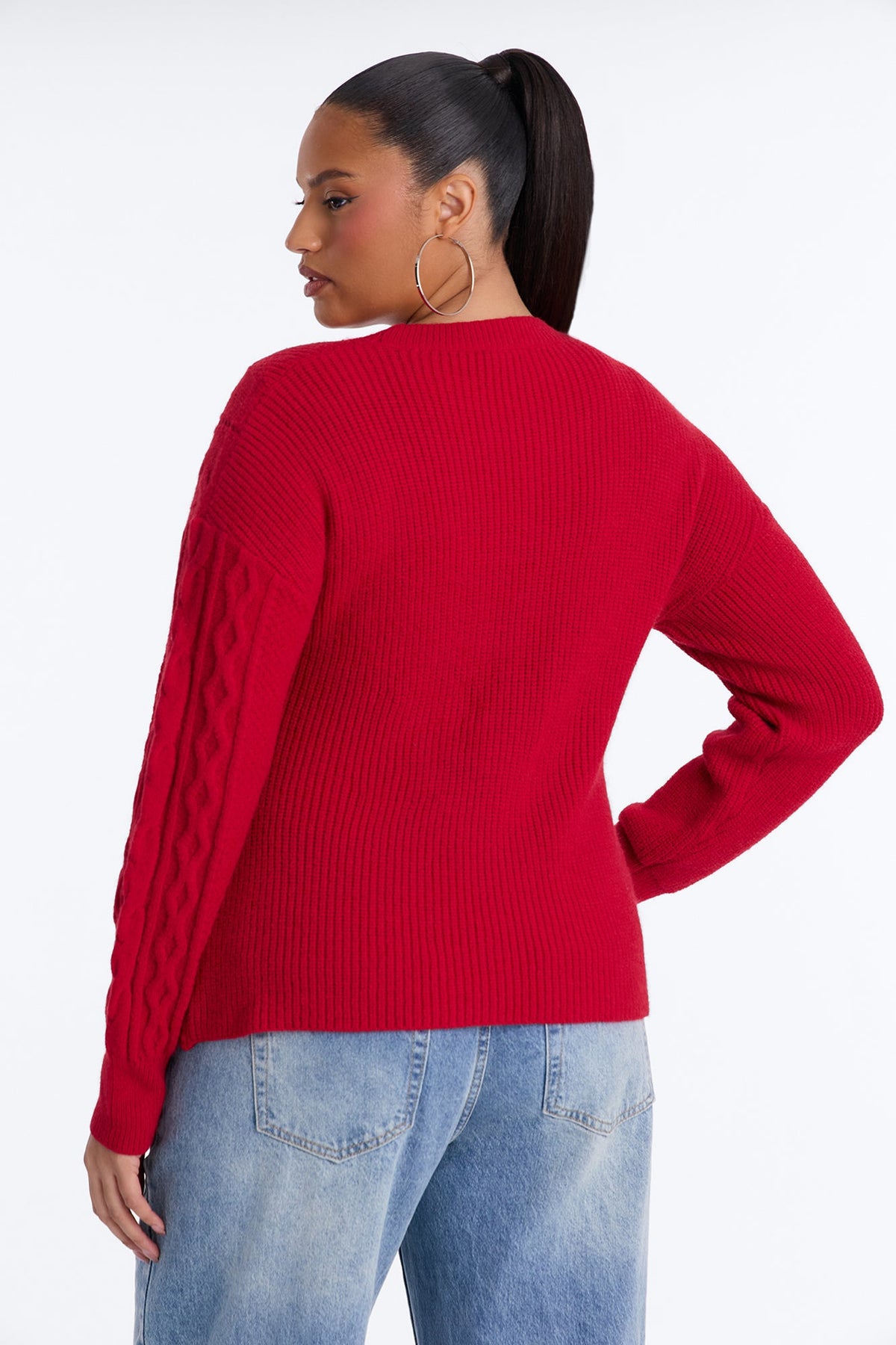 Say Less Asymmetrical Cable Knit Pullover Sweater - Red
