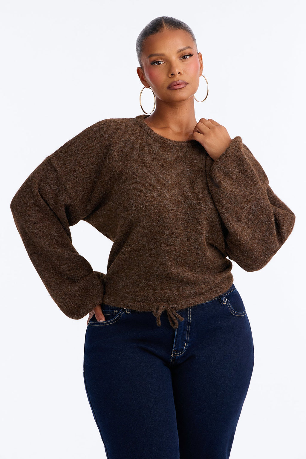 Karrie Long Sleeve Waist Tie Sweater - Mocha