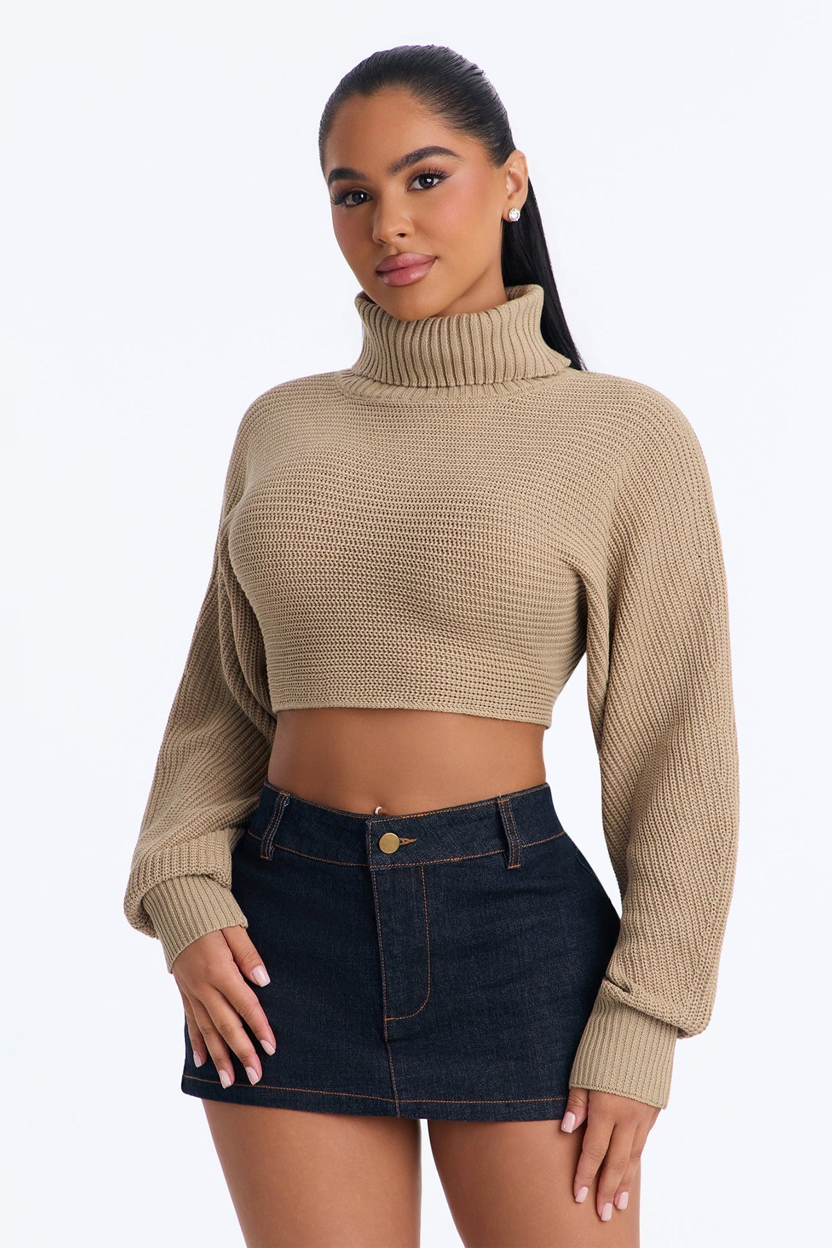 Deana Cropped Turtleneck Sweater - Taupe