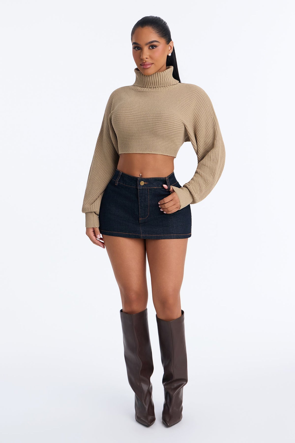 Deana Cropped Turtleneck Sweater - Taupe