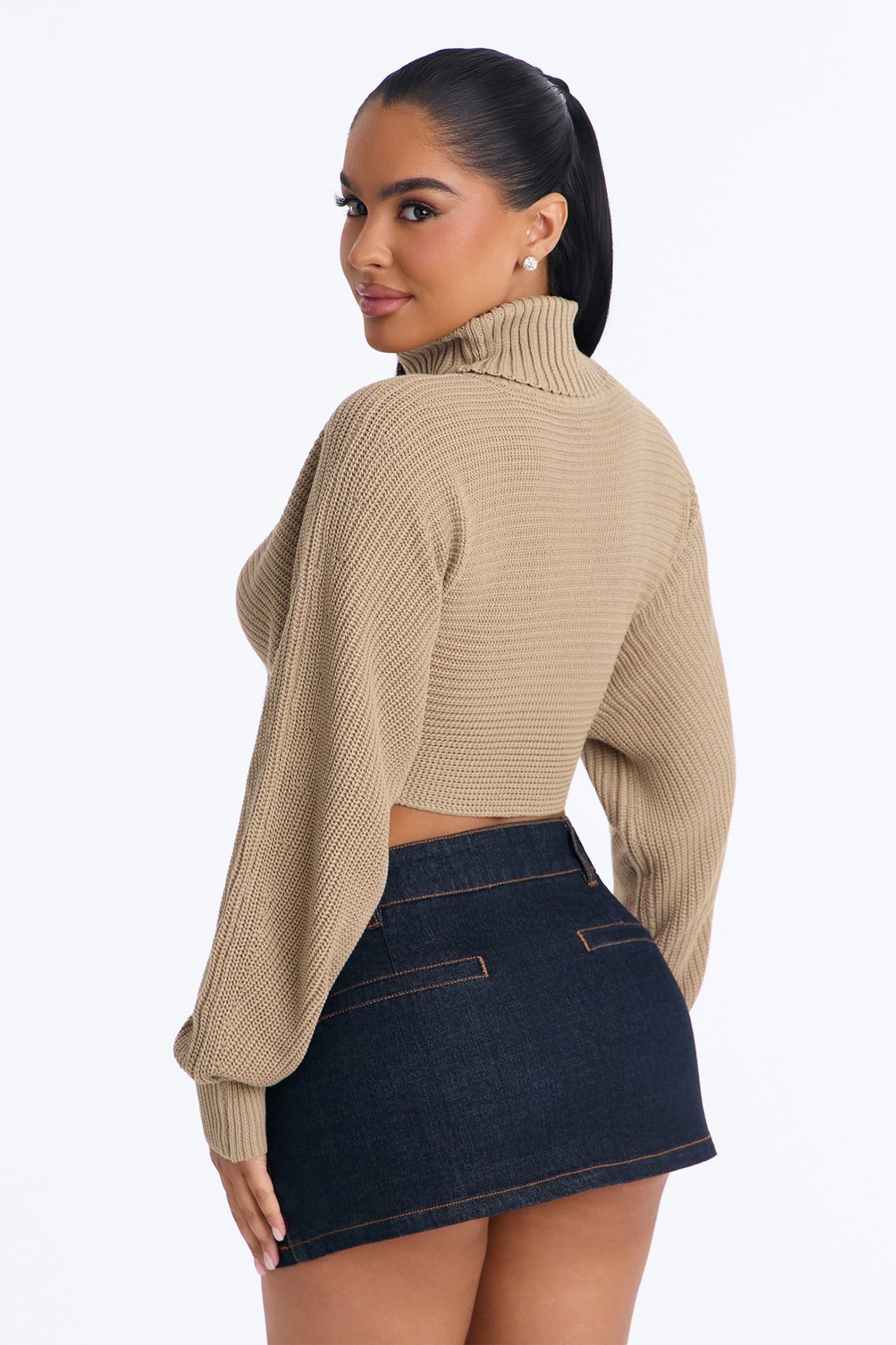 Deana Cropped Turtleneck Sweater - Taupe