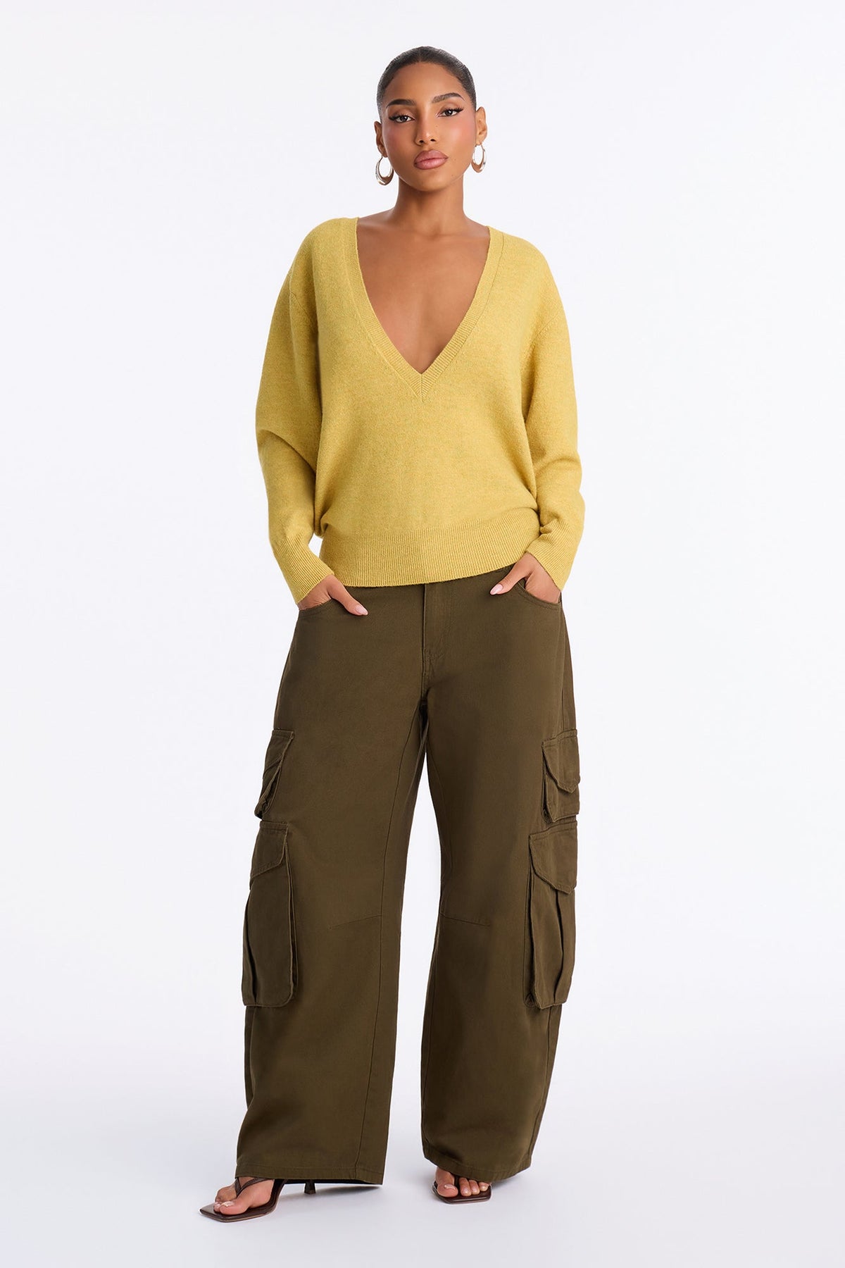 Autumn Cutie Deep V Neck Sweater - Yellow