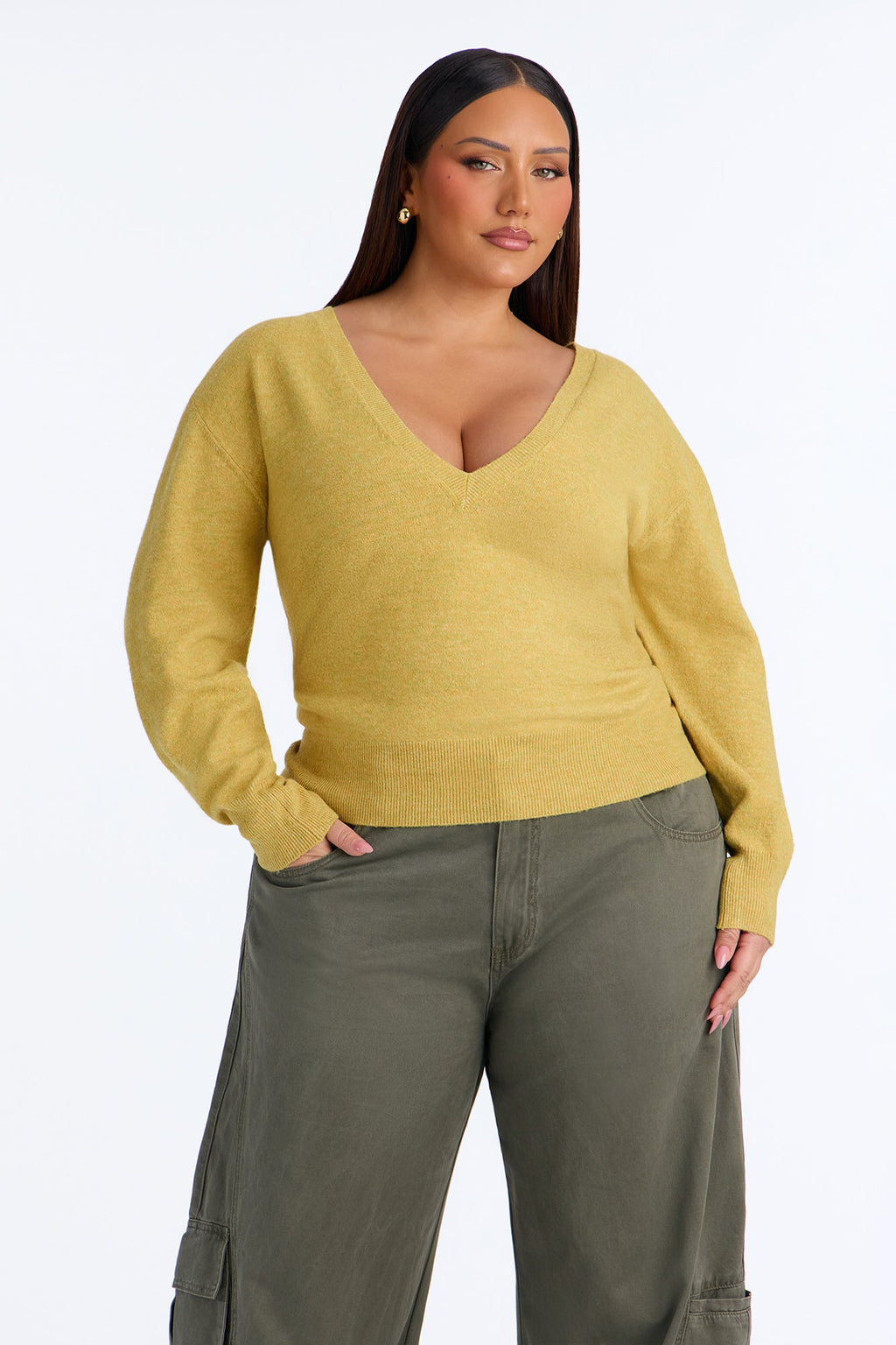 Autumn Cutie Deep V Neck Sweater - Yellow