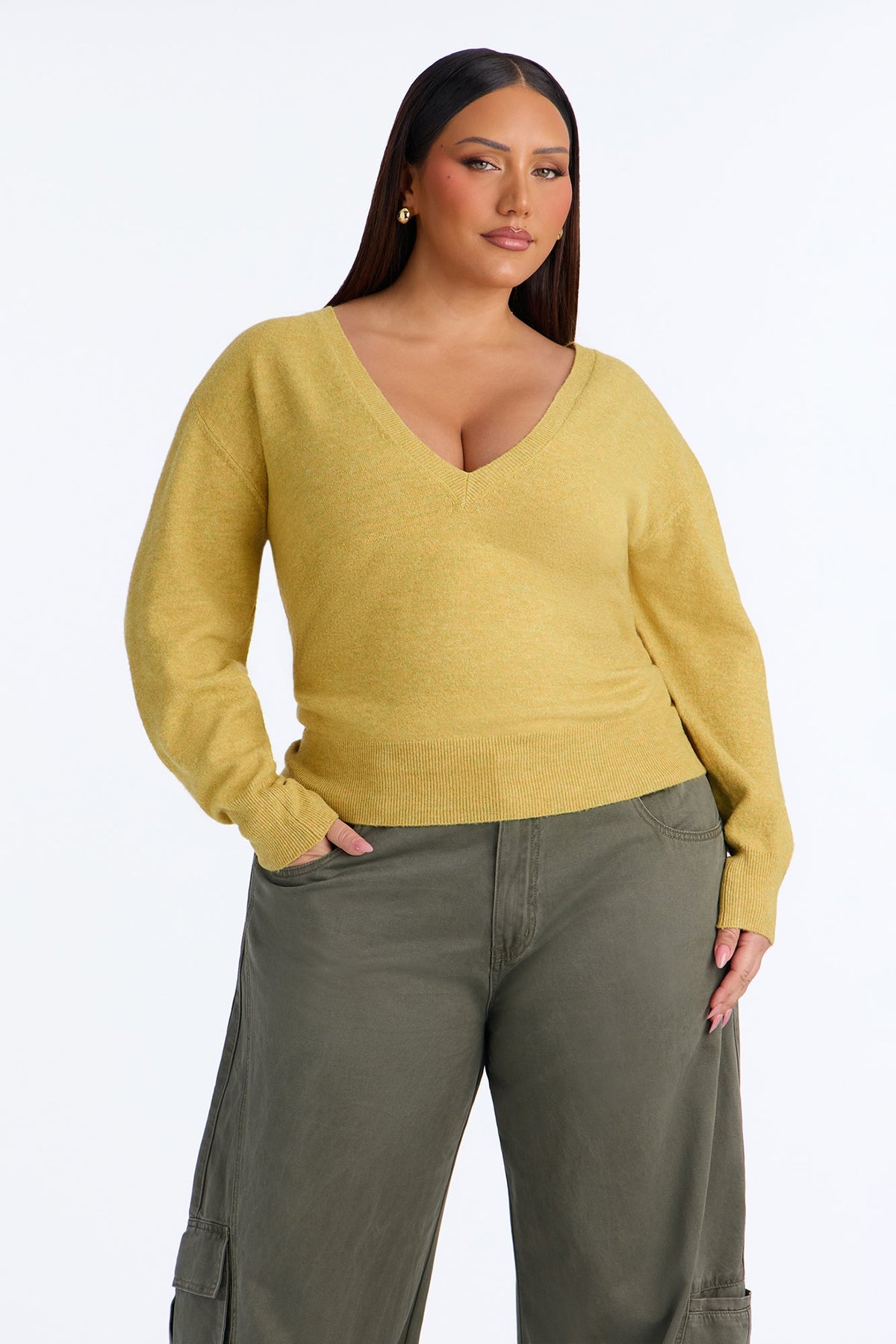 Autumn Cutie Deep V Neck Sweater - Yellow
