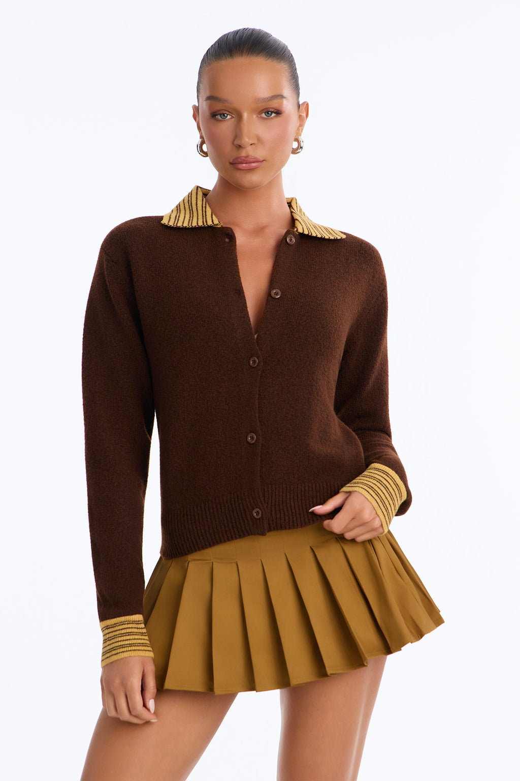 Honey Baby Striped Contrast Button Up Cardigan - Brown/combo