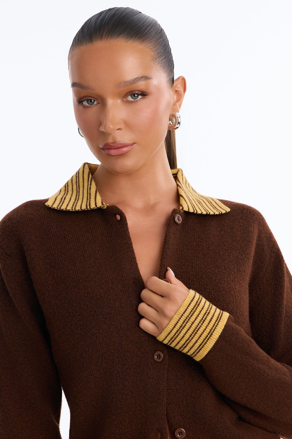 Honey Baby Striped Contrast Button Up Cardigan - Brown/combo