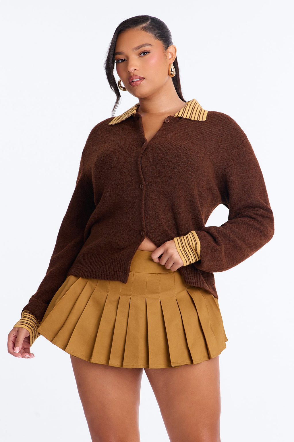 Honey Baby Striped Contrast Button Up Cardigan - Brown/combo
