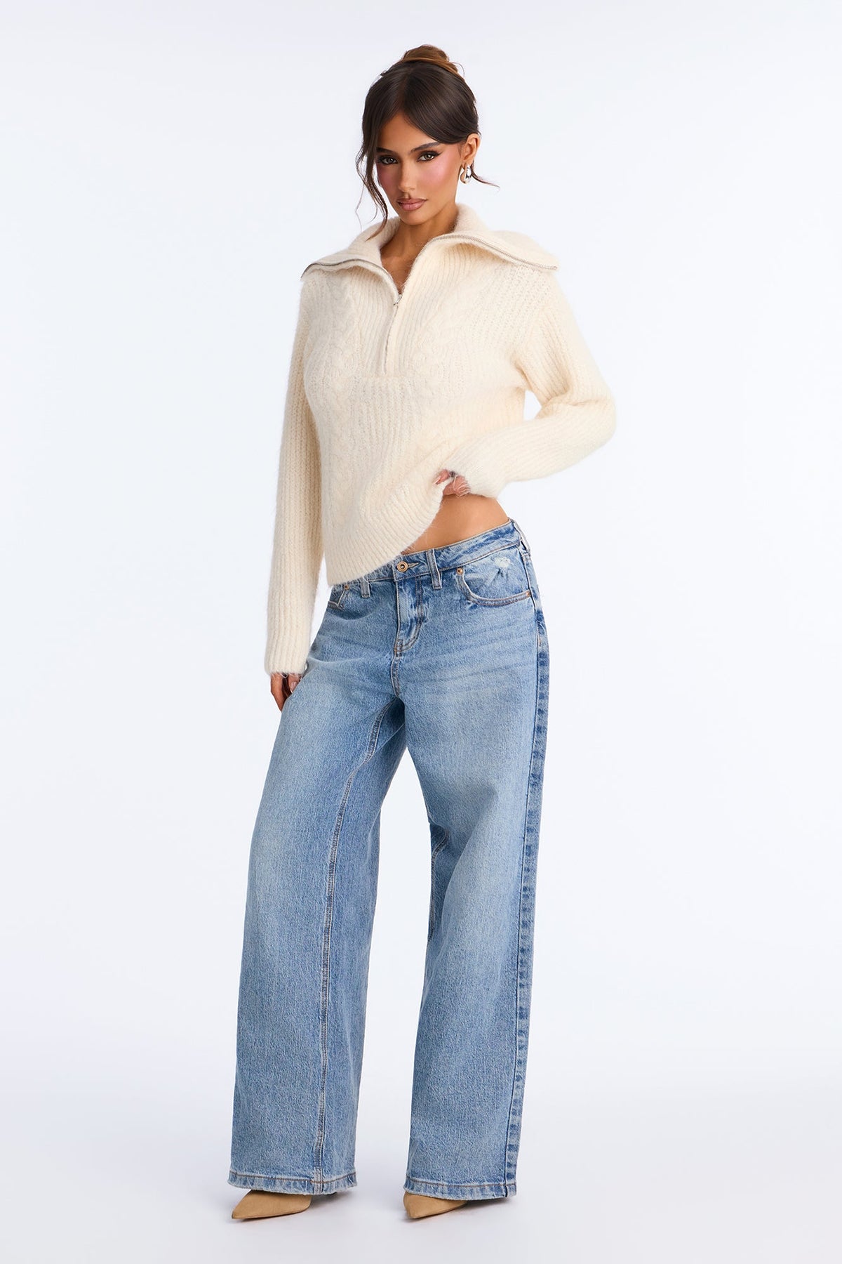 Chai Season Fuzzy Cable Knit Half Zip Sweater - Ivory