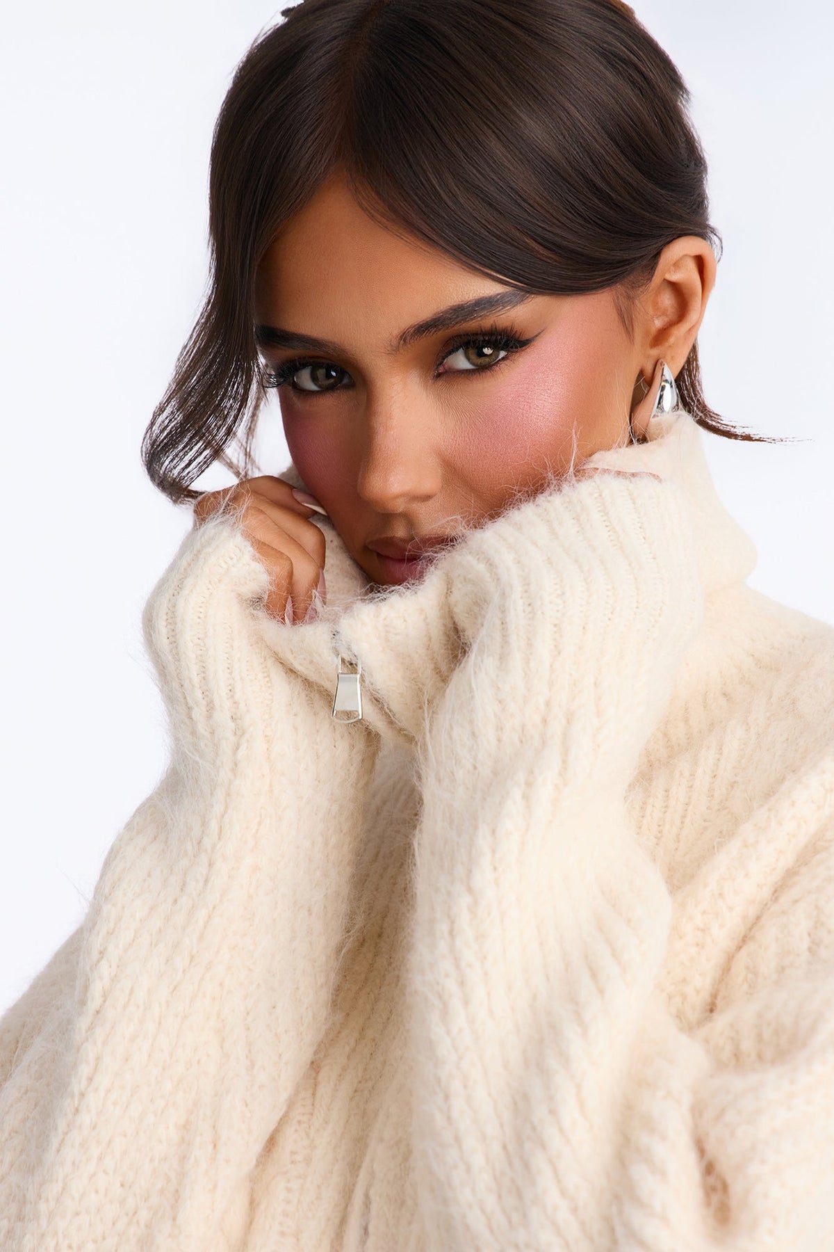 Chai Season Fuzzy Cable Knit Half Zip Sweater - Ivory