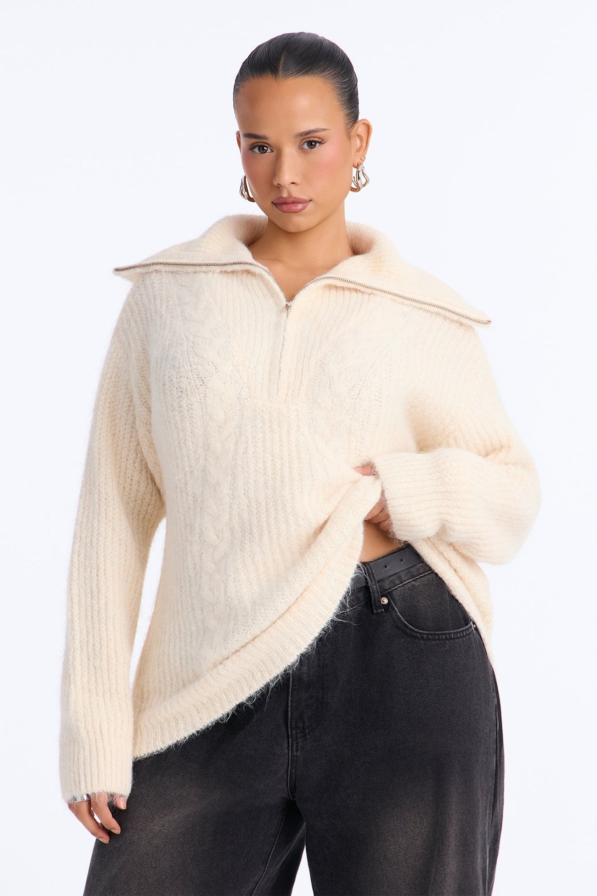 Chai Season Fuzzy Cable Knit Half Zip Sweater - Ivory