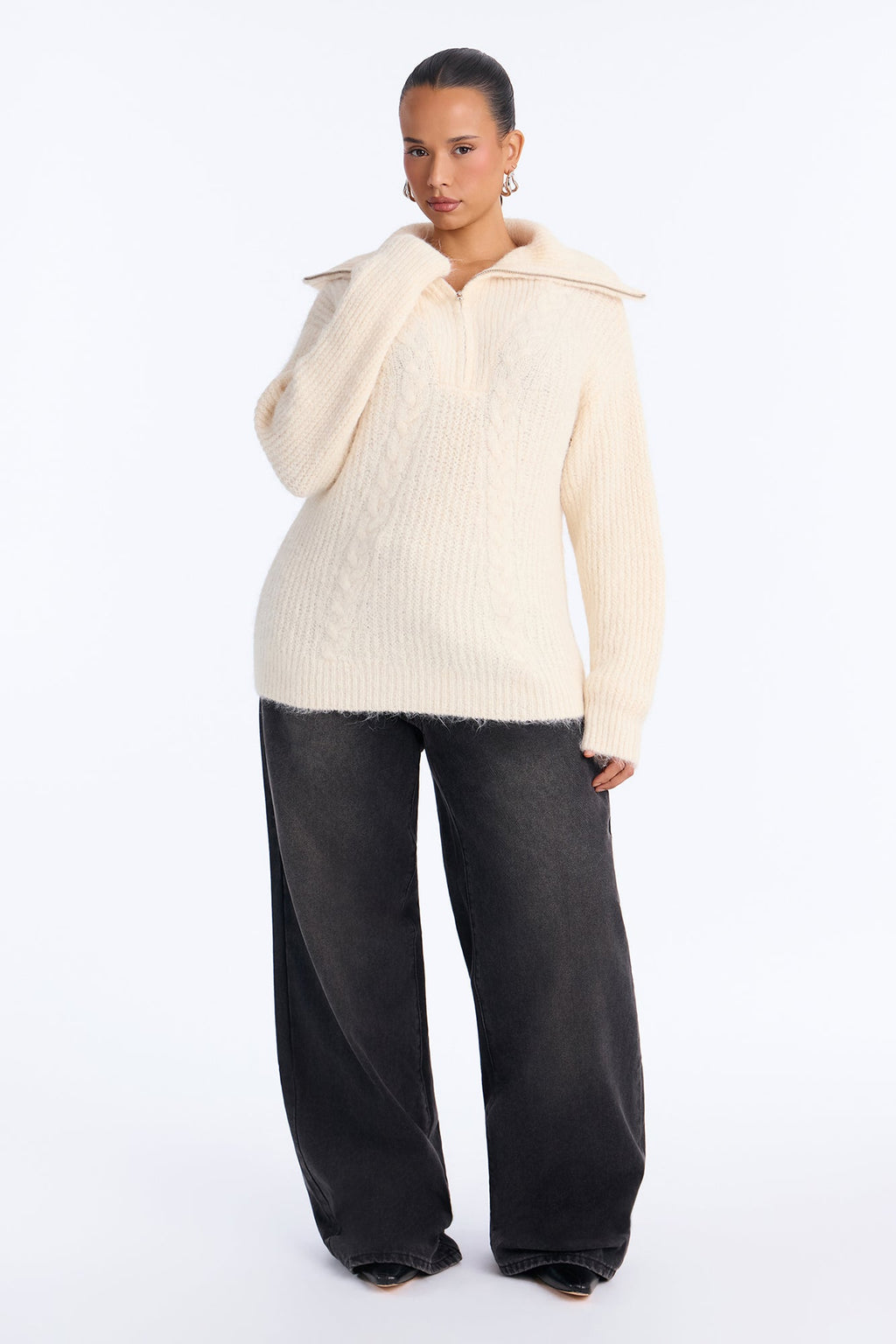 Chai Season Fuzzy Cable Knit Half Zip Sweater - Ivory