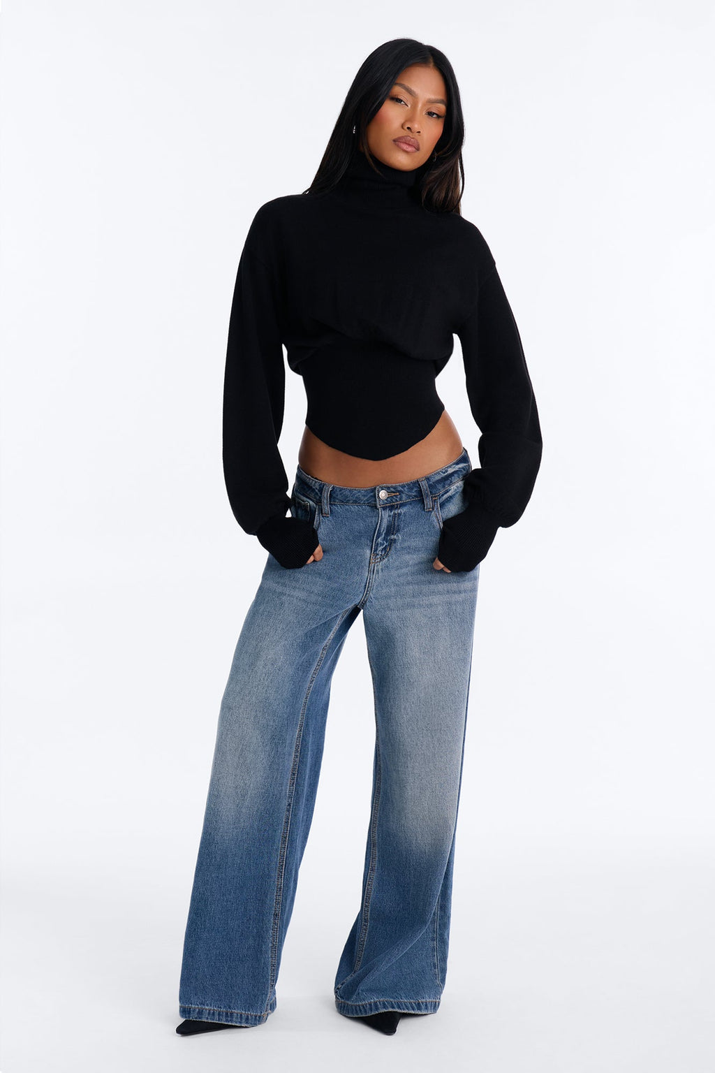 Talia Mock Neck Lace Back Pullover Sweater - Black