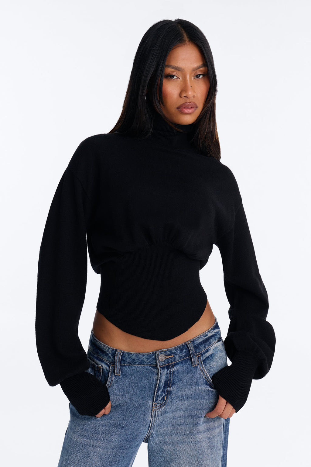 Talia Mock Neck Lace Back Pullover Sweater - Black