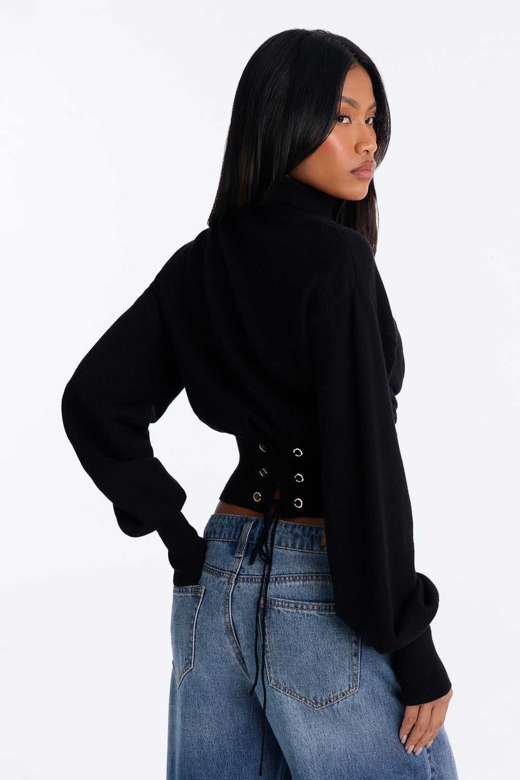 Talia Mock Neck Lace Back Pullover Sweater - Black
