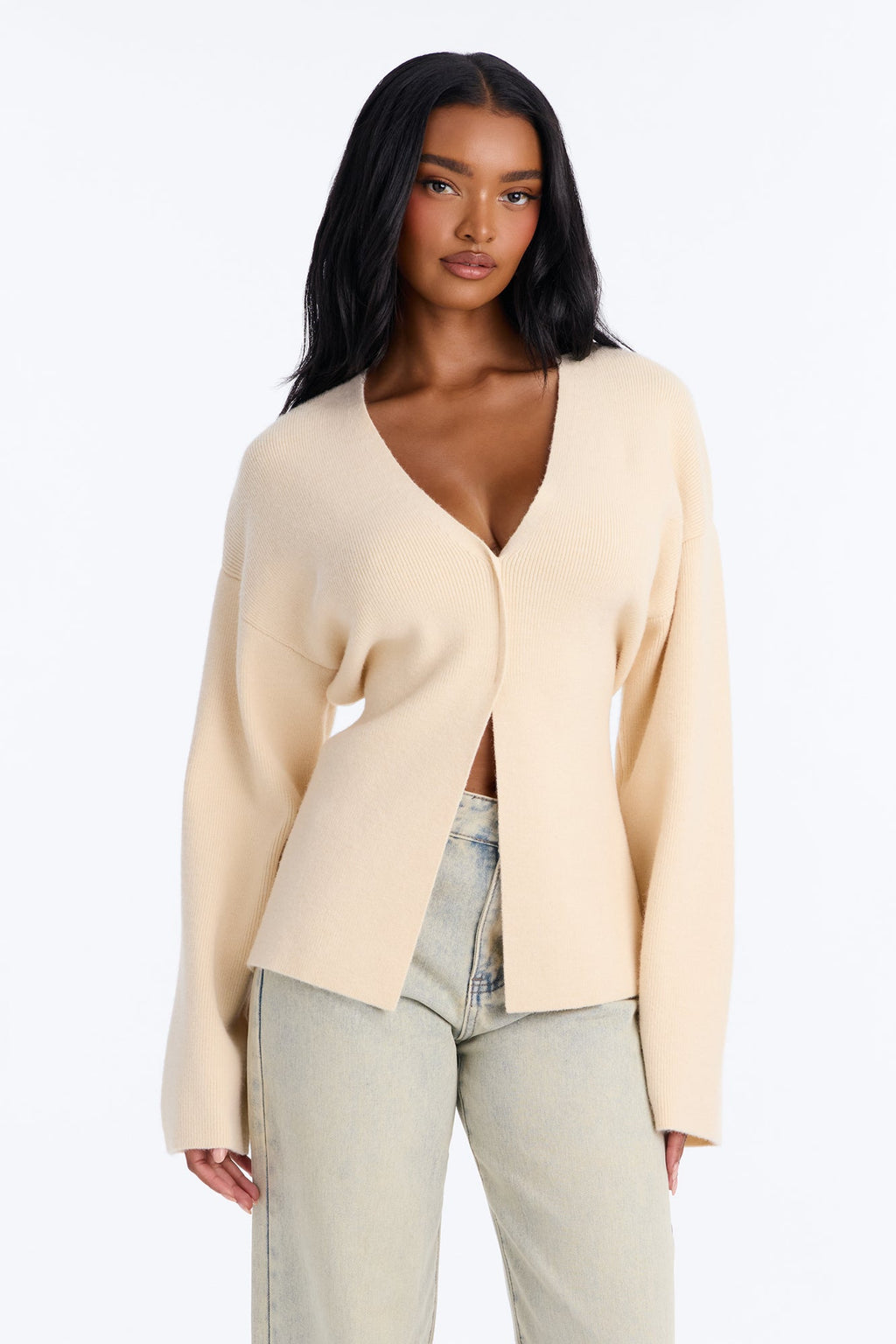 Chic Desire Cinched Waist Pullover Sweater - Cream