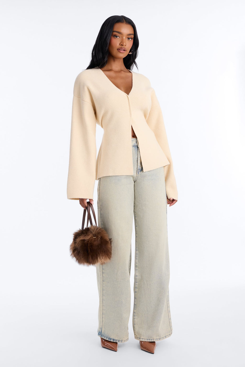Chic Desire Cinched Waist Pullover Sweater - Cream