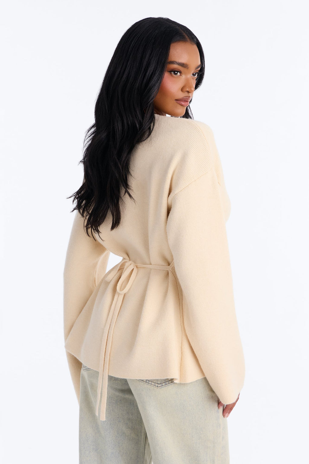 Chic Desire Cinched Waist Pullover Sweater - Cream