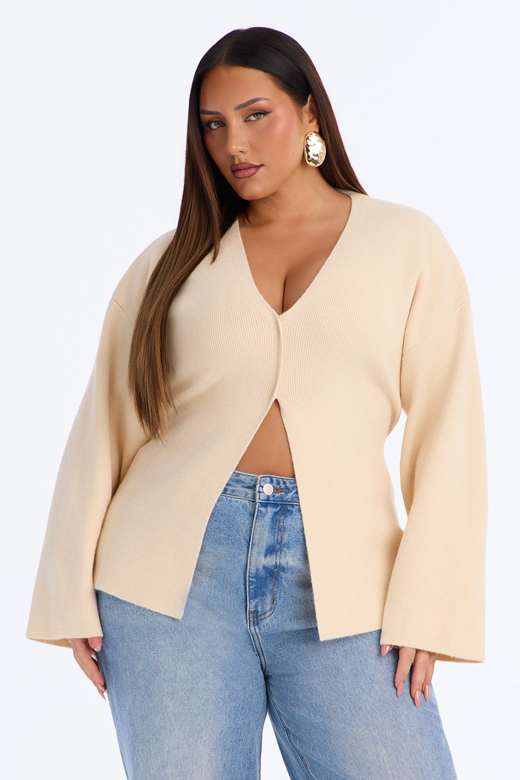 Chic Desire Cinched Waist Pullover Sweater - Cream