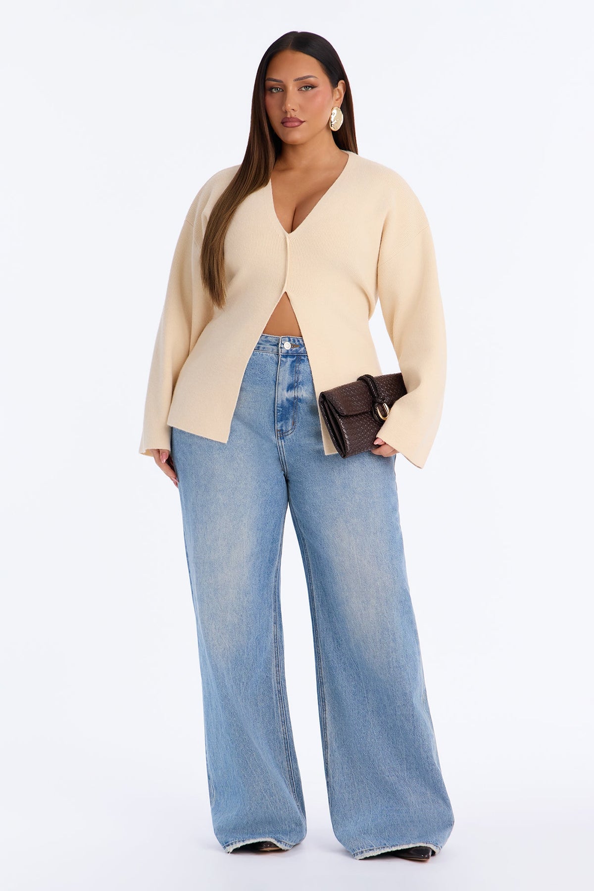 Chic Desire Cinched Waist Pullover Sweater - Cream