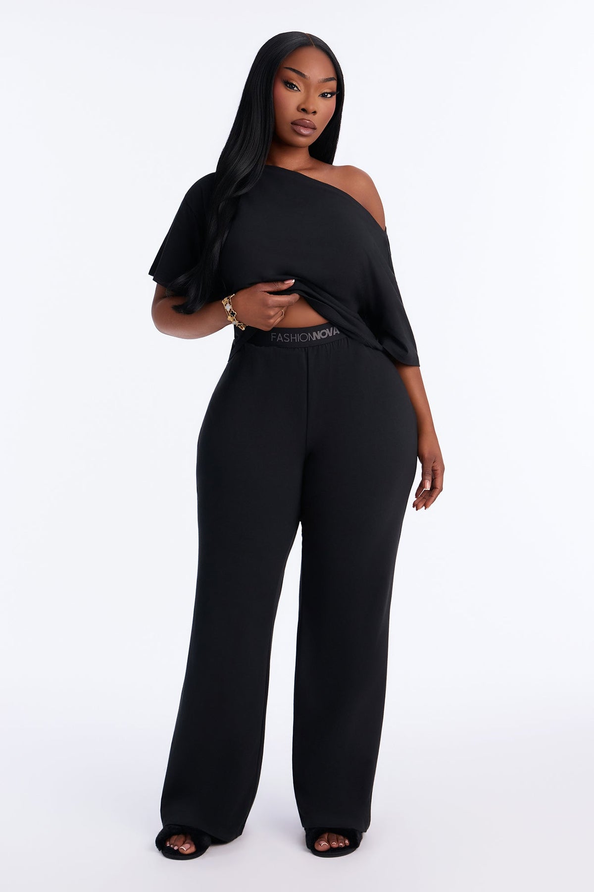 FN Mood Cotton Off The Shoulder Wide Leg PJ Pant Set - Black