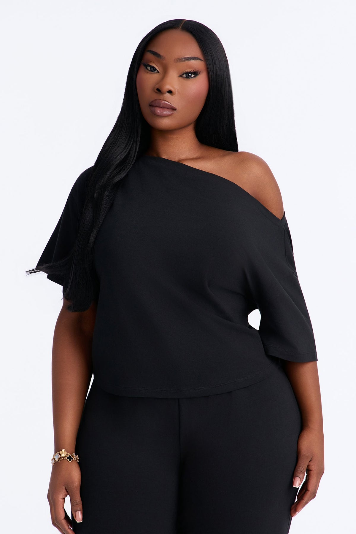FN Mood Cotton Off The Shoulder Wide Leg PJ Pant Set - Black