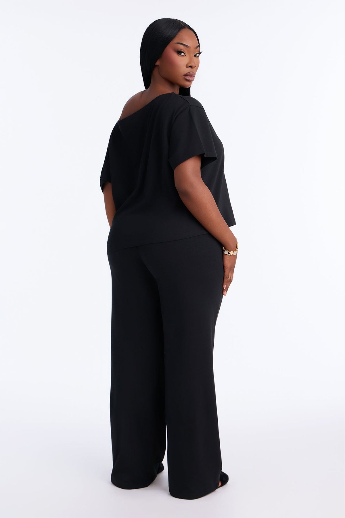 FN Mood Cotton Off The Shoulder Wide Leg PJ Pant Set - Black