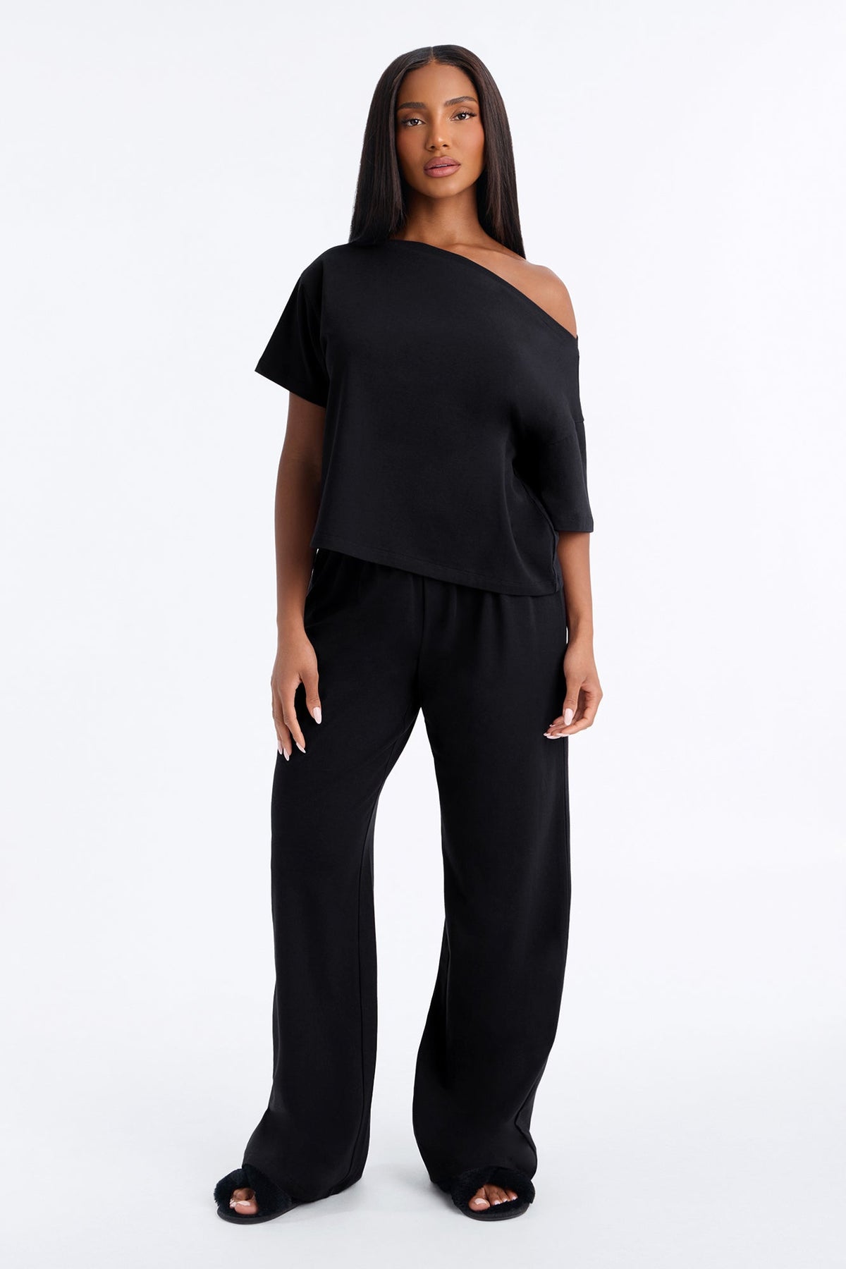 FN Mood Cotton Off The Shoulder Wide Leg PJ Pant Set - Black
