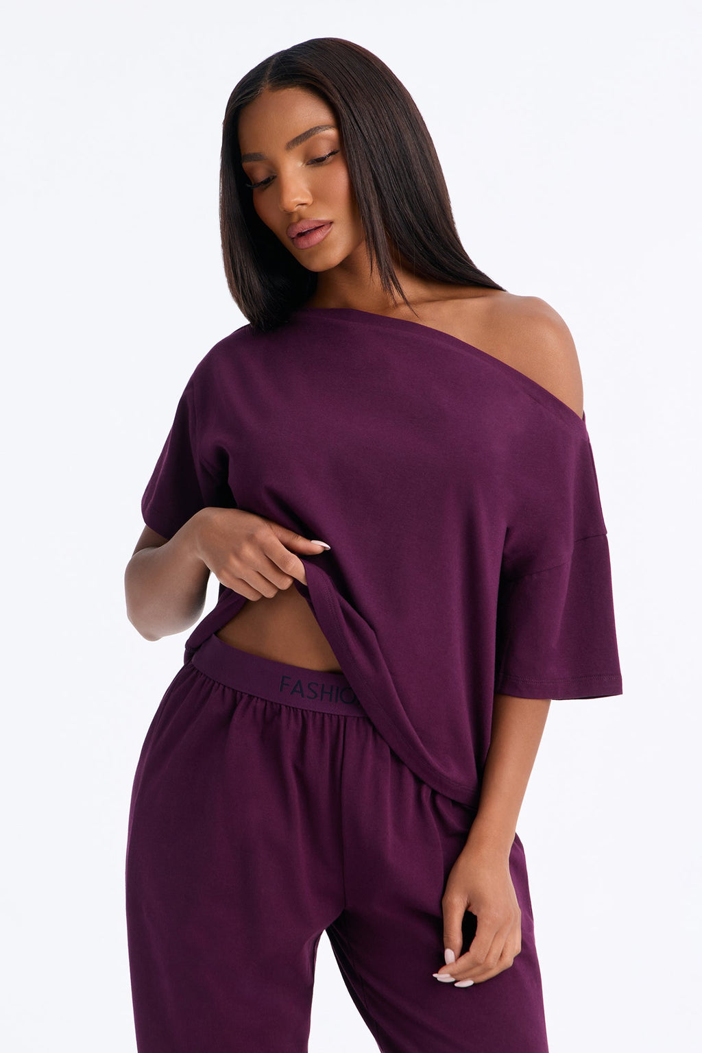FN Mood Cotton Off The Shoulder Wide Leg PJ Pant Set - Plum