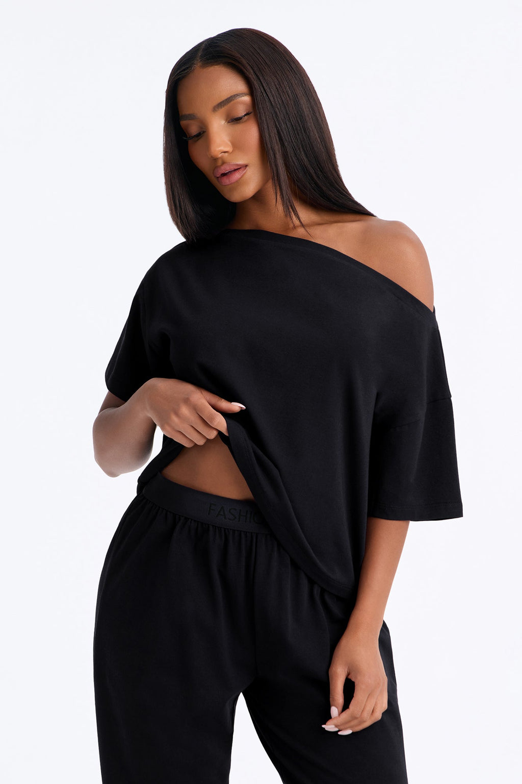 FN Mood Cotton Off The Shoulder Wide Leg PJ Pant Set - Black
