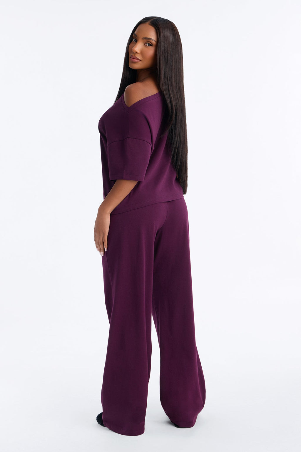 FN Mood Cotton Off The Shoulder Wide Leg PJ Pant Set - Plum