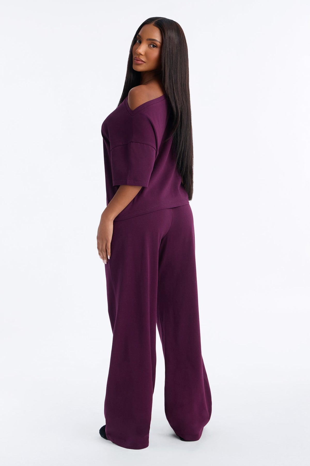 FN Mood Cotton Off The Shoulder Wide Leg PJ Pant Set - Plum