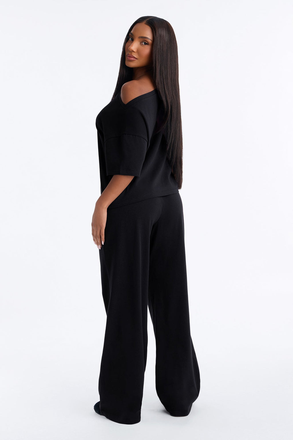 FN Mood Cotton Off The Shoulder Wide Leg PJ Pant Set - Black