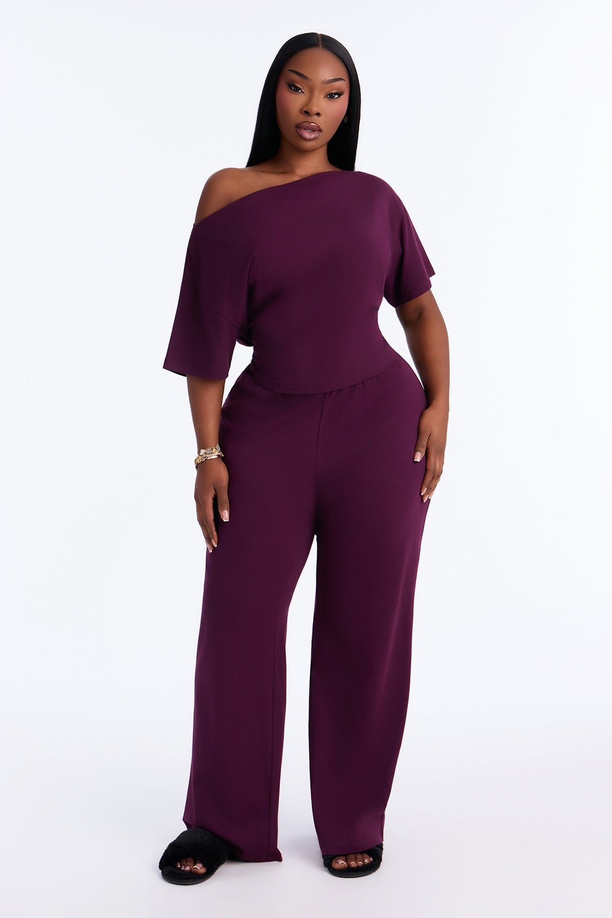 FN Mood Cotton Off The Shoulder Wide Leg PJ Pant Set - Plum