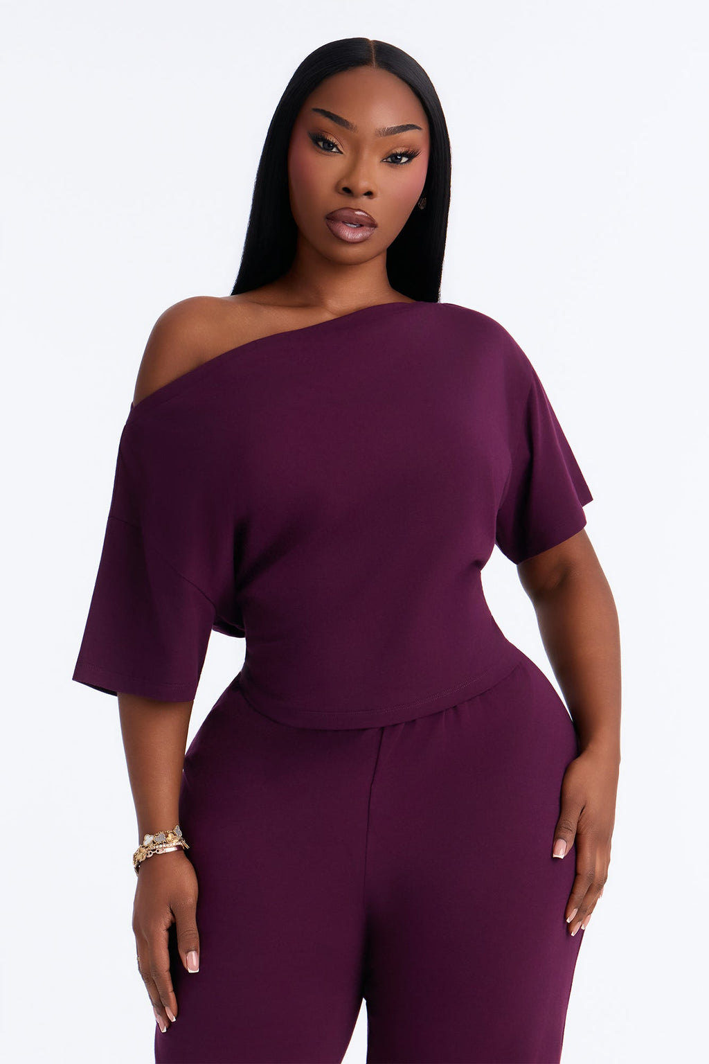 FN Mood Cotton Off The Shoulder Wide Leg PJ Pant Set - Plum